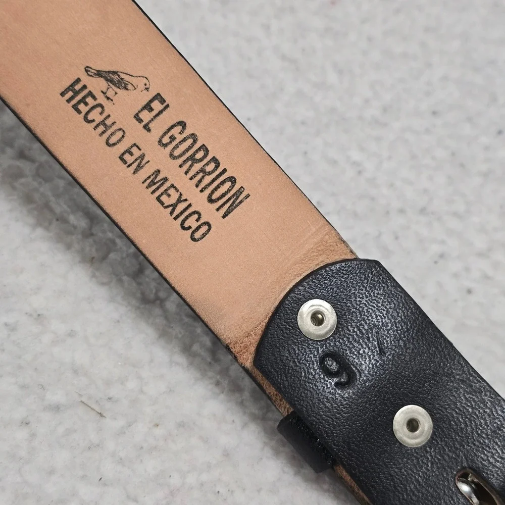 El Gorrion Mens Black Leather Belt Silver Buckle Made in Mexico Size 44 4656‎